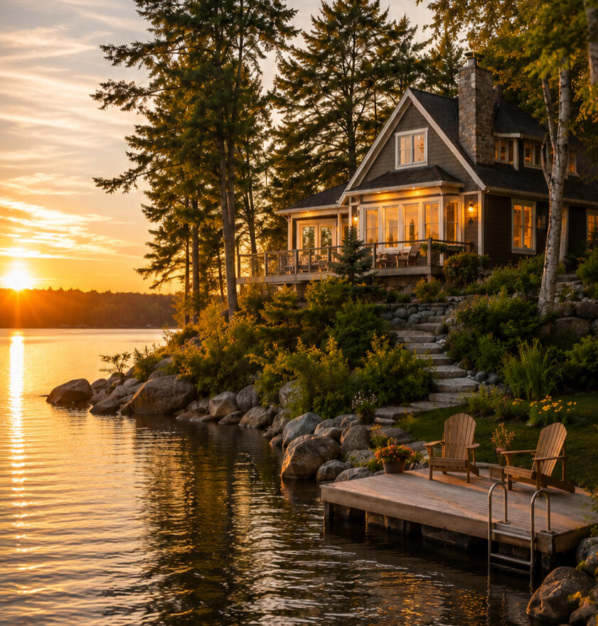 Всесезонный коттедж у озера в Онтарио с частным причалом — пример waterfront property.