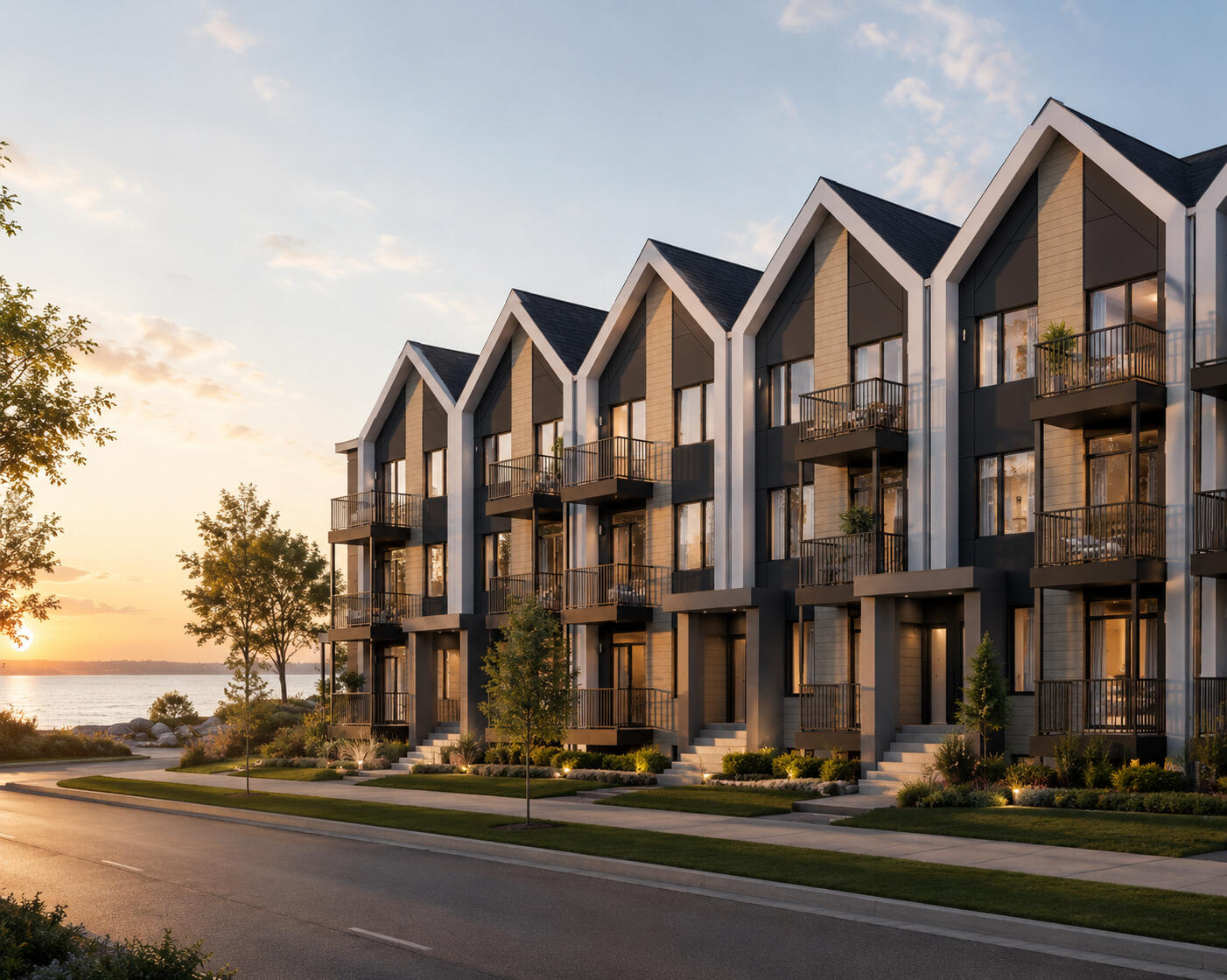 Визуализация проекта AURA в Lakeview Village, Mississauga: современные новые таунхаусы у озера на этапе pre-construction.